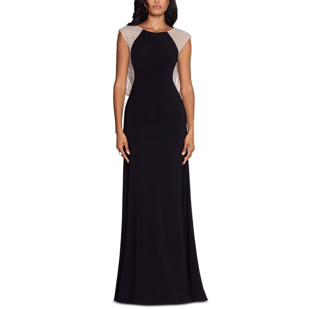 Xscape Women's Black Caviar-beaded Drape-back Gown - Size 10